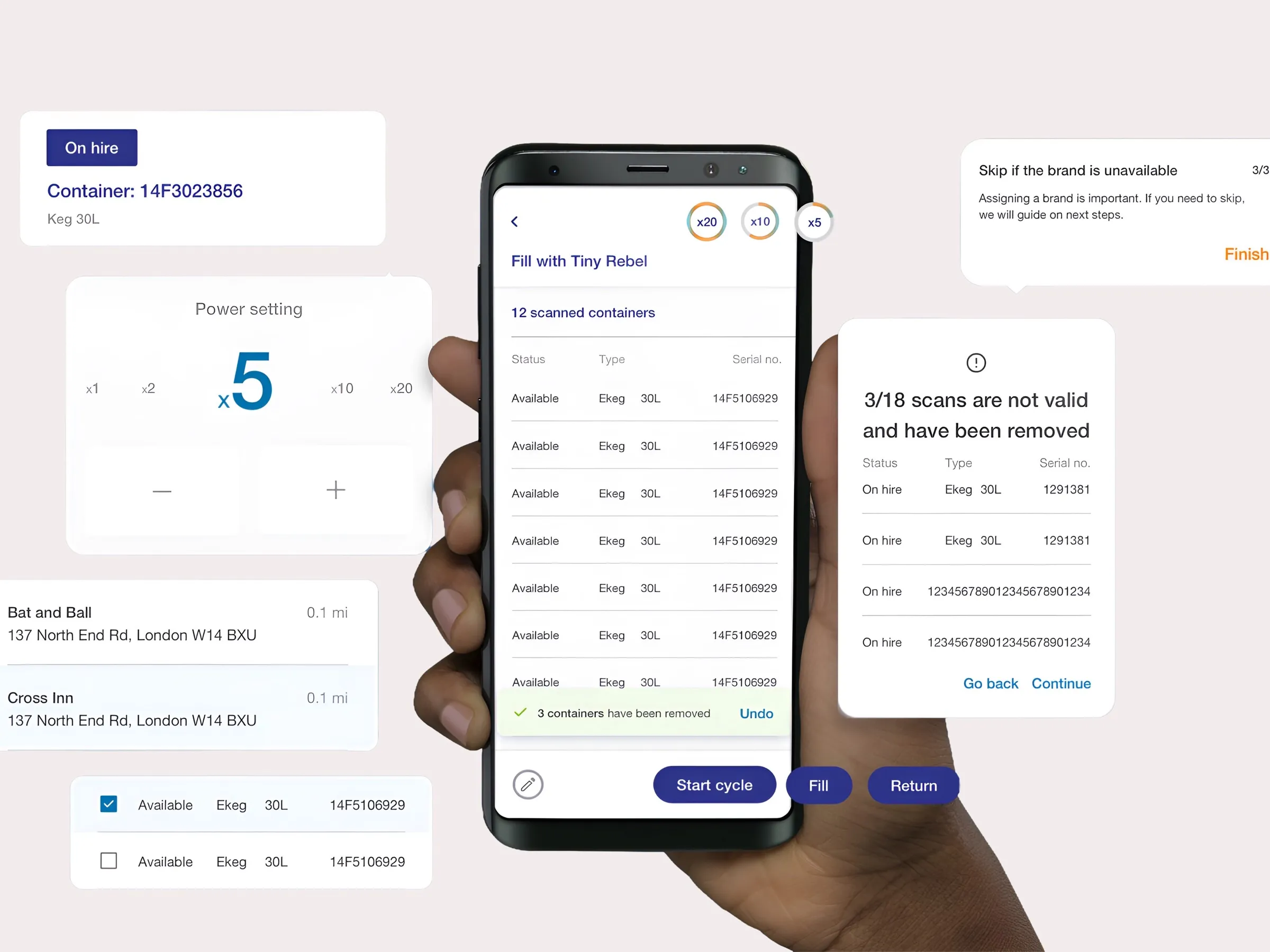Scan, fill and location flows for managing kegs