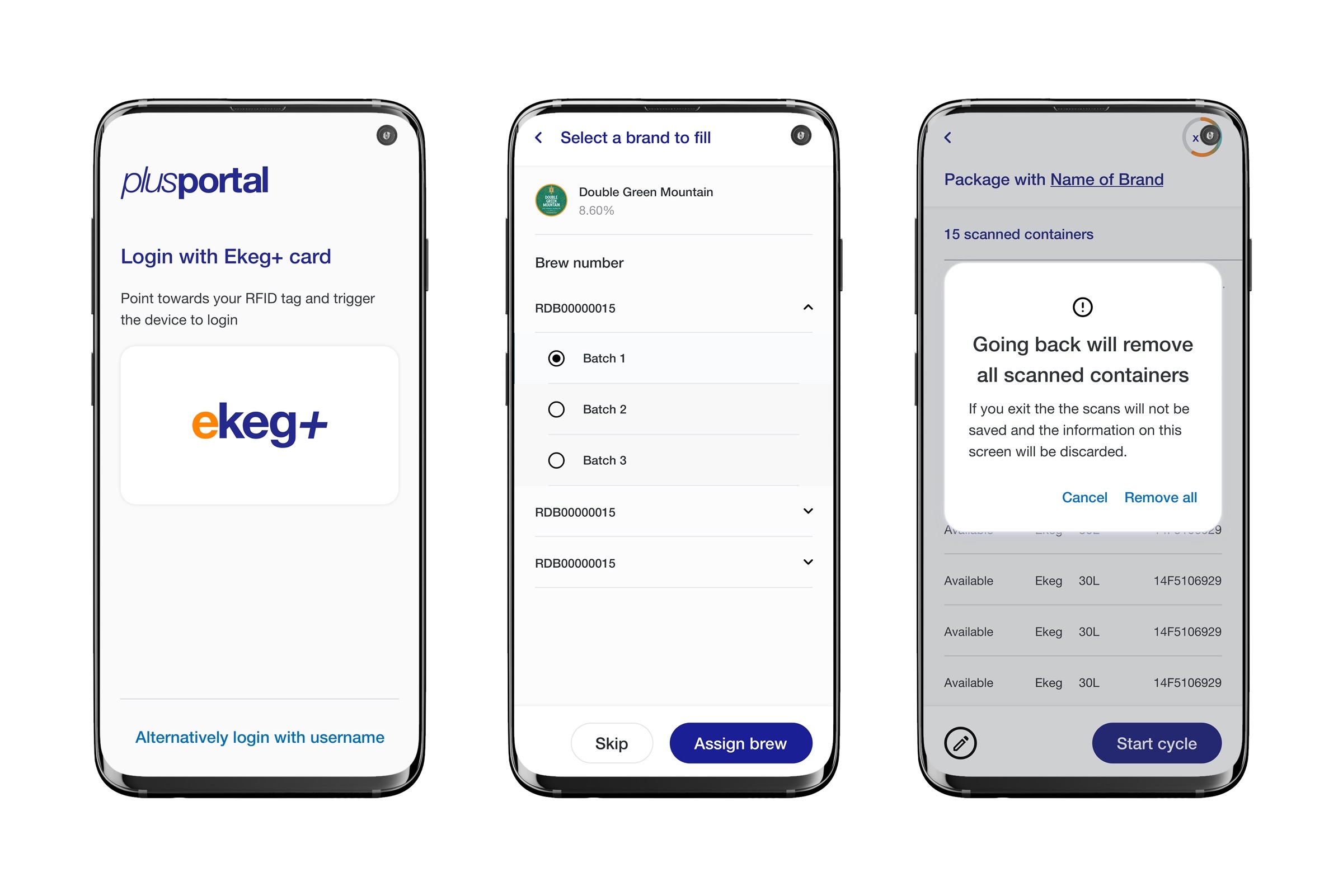 Login with Ekeg+ card and brew assignment screens