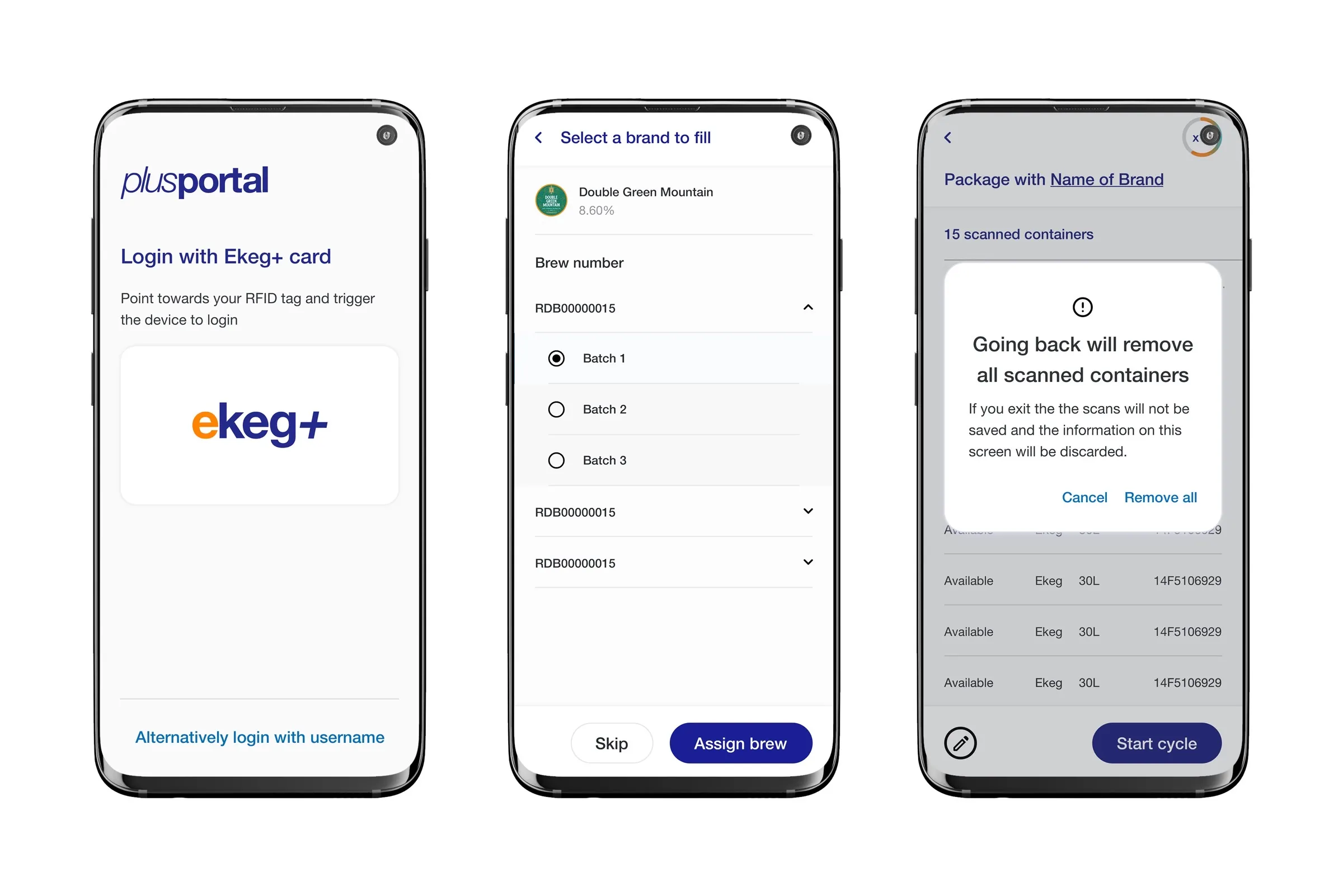 Login with Ekeg+ card and brew assignment screens
